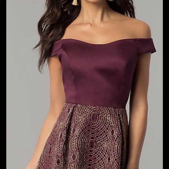 JUMP Apparel Maroon and Metallic Gold Lace Off-the-Shoulder Dress - Picture 5 of 7